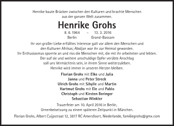 Traueranzeige von Henrike Grohs von Süddeutsche Zeitung