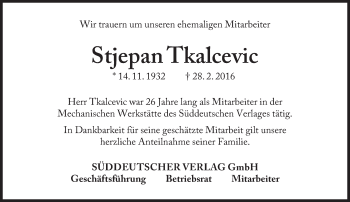 Traueranzeige von Stjepan Tkalcevic von Süddeutsche Zeitung