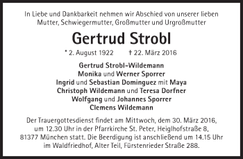 Traueranzeige von Gertrud Strobl von Süddeutsche Zeitung