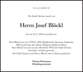 Traueranzeige von Josef Blöckl von Süddeutsche Zeitung
