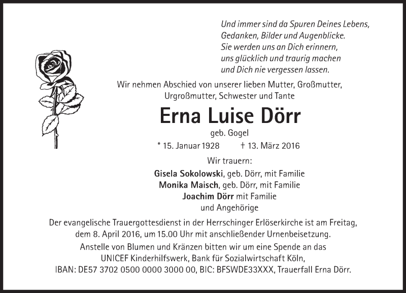  Traueranzeige für Erna Luise Dörr vom 19.03.2016 aus Süddeutsche Zeitung