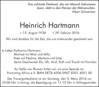 Traueranzeige von Heinrich Hartmann von Süddeutsche Zeitung