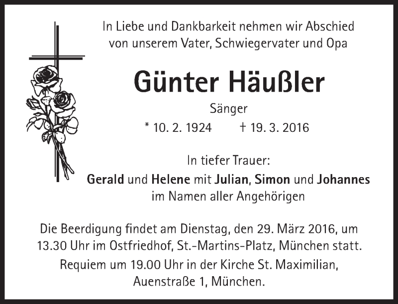  Traueranzeige für Günter Häußler vom 26.03.2016 aus Süddeutsche Zeitung
