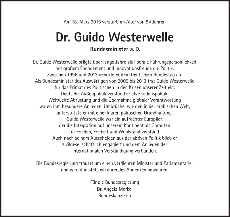  Traueranzeige für Guido Westerwelle vom 24.03.2016 aus Süddeutsche Zeitung