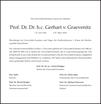 Traueranzeige von Gerhart v. Graevenitz von Süddeutsche Zeitung