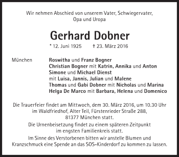 Traueranzeige von Gerhard Dobner von Süddeutsche Zeitung