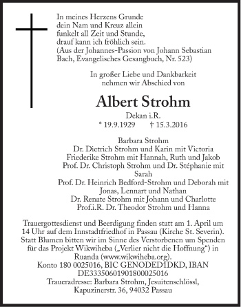 Traueranzeige von Albert Strohm von Süddeutsche Zeitung