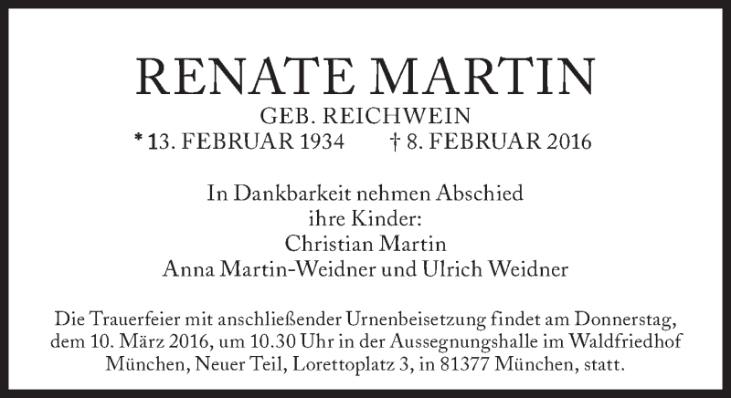  Traueranzeige für Renate Martin vom 05.03.2016 aus Süddeutsche Zeitung