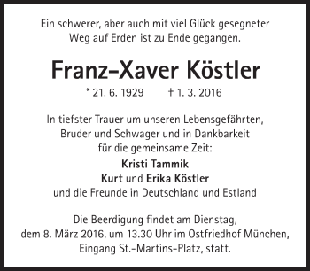 Traueranzeige von Franz-Xaver Köstler von Süddeutsche Zeitung