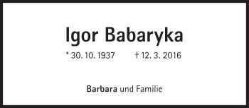 Traueranzeige von Igor Barbaryka von Süddeutsche Zeitung