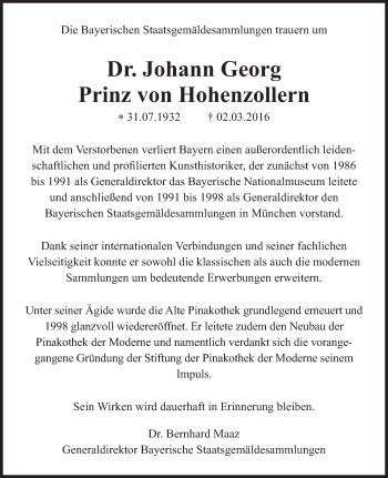 Traueranzeige von Johann Georg Prinz von Hohenzollern von Süddeutsche Zeitung