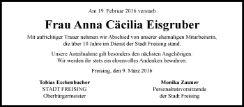 Traueranzeige von Anna Cäcilia Eisgruber von Süddeutsche Zeitung