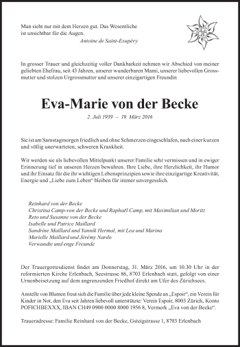 Traueranzeige von Eva-Maria von der Becke von Süddeutsche Zeitung