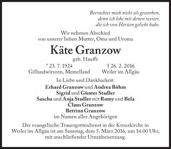 Traueranzeige von Käte Granzow von Süddeutsche Zeitung