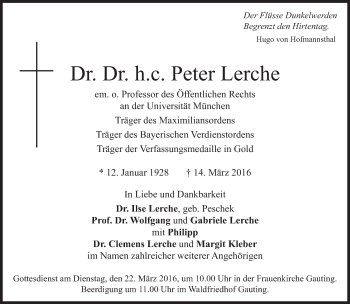 Traueranzeige von Peter Lerche von Süddeutsche Zeitung