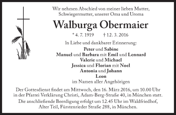 Traueranzeige von Walburga Obermaier von Süddeutsche Zeitung