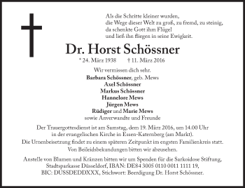 Traueranzeige von Horst Schössner von Süddeutsche Zeitung