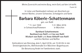 Traueranzeige von Barbara Köberle-Schattenmann von Süddeutsche Zeitung