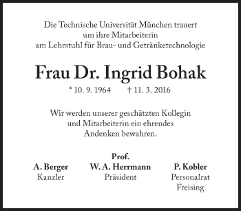 Traueranzeige von Ingrid Bohak von Süddeutsche Zeitung