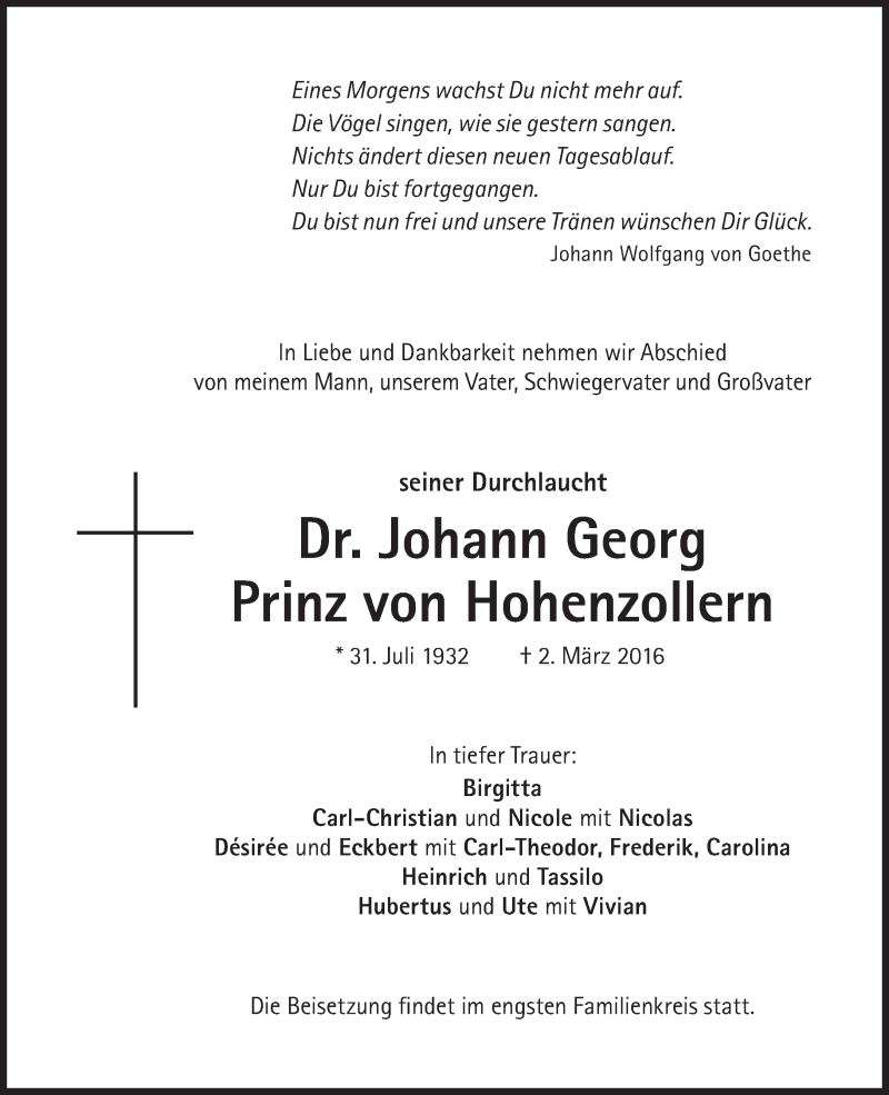 Traueranzeige für Johann Georg Prinz von Hohenzollern vom 05.03.2016 aus Süddeutsche Zeitung