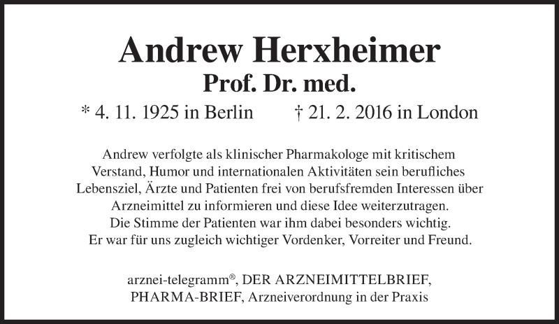  Traueranzeige für Andrew Herxheimer vom 05.03.2016 aus Süddeutsche Zeitung