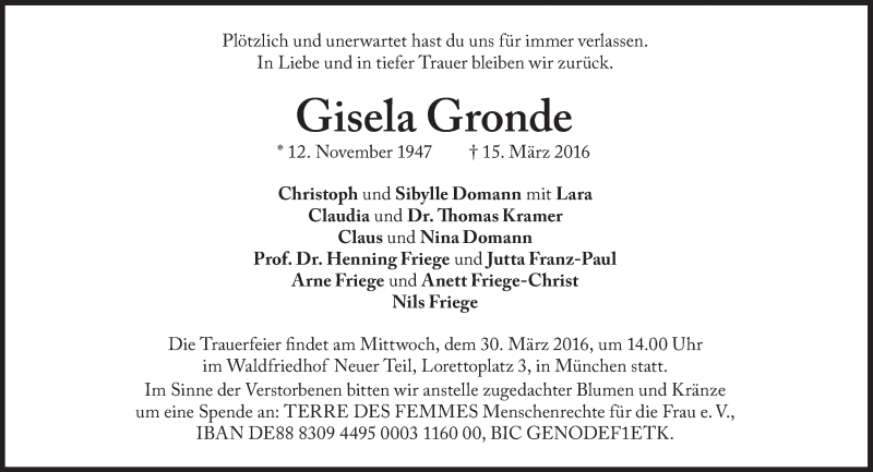  Traueranzeige für Gisela Gronde vom 24.03.2016 aus Süddeutsche Zeitung