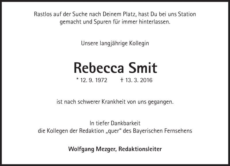  Traueranzeige für Rebecca Smit vom 15.03.2016 aus Süddeutsche Zeitung