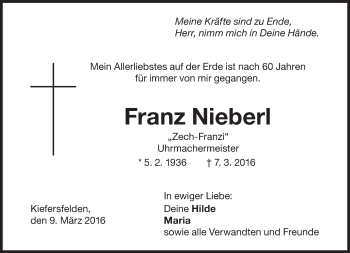 Traueranzeige von Franz Nieberl von Süddeutsche Zeitung