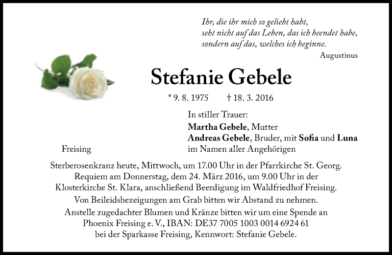  Traueranzeige für Stefanie Gebele vom 23.03.2016 aus Süddeutsche Zeitung