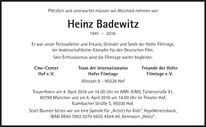  Traueranzeige für Heinz Badewitz vom 19.03.2016 aus Süddeutsche Zeitung