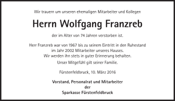 Traueranzeige von Wolfgang Franzreb von Süddeutsche Zeitung