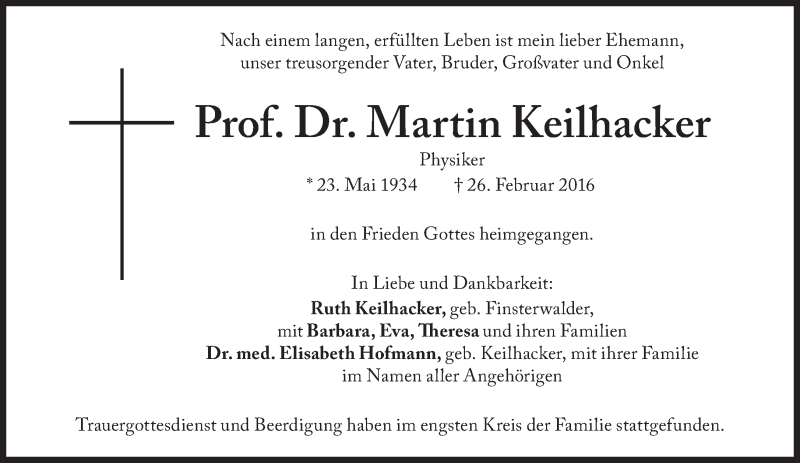  Traueranzeige für Martin Keilhacker vom 10.03.2016 aus Süddeutsche Zeitung