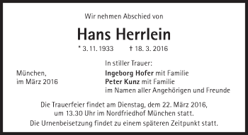 Traueranzeige von Hans Herrlein von Süddeutsche Zeitung