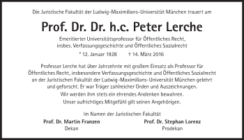 Traueranzeige von Peter Lerche von Süddeutsche Zeitung
