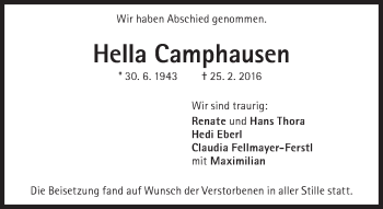 Traueranzeige von Hella Camphausen von Süddeutsche Zeitung