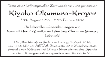 Traueranzeige von Kiyoko Okumura-Kroyer von Süddeutsche Zeitung