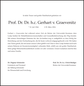Traueranzeige von Gerhart v. Graevenitz von Süddeutsche Zeitung
