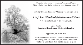 Traueranzeige von Manfred Klingmann-Reiner von Süddeutsche Zeitung