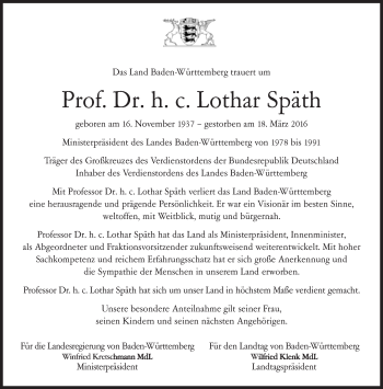 Traueranzeige von Lothar Späth von Süddeutsche Zeitung