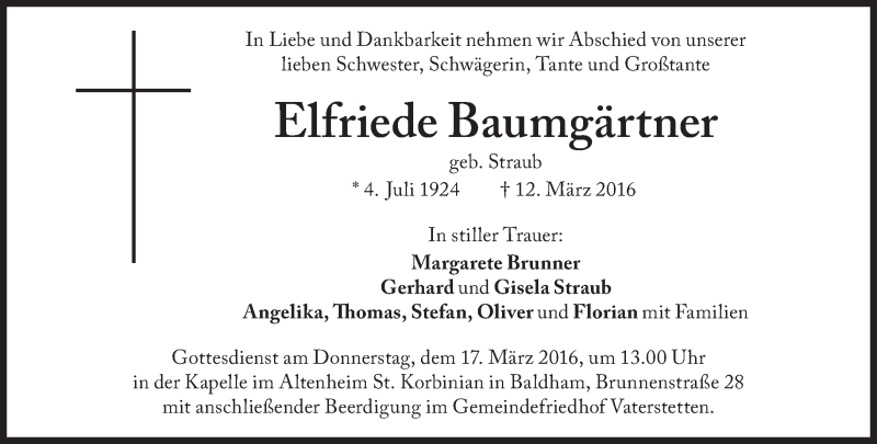  Traueranzeige für Elfriede Baumgärtner vom 15.03.2016 aus Süddeutsche Zeitung