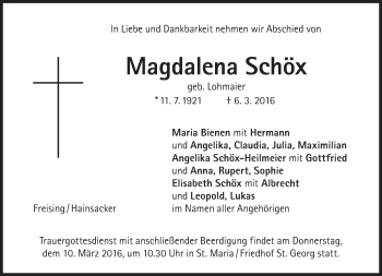 Traueranzeige von Magdalena Schöx von Süddeutsche Zeitung