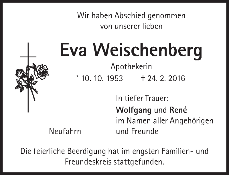  Traueranzeige für Eva Weischenberg vom 05.03.2016 aus Süddeutsche Zeitung
