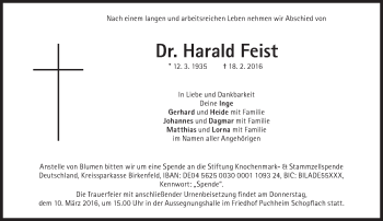 Traueranzeige von Harald Feist von Süddeutsche Zeitung