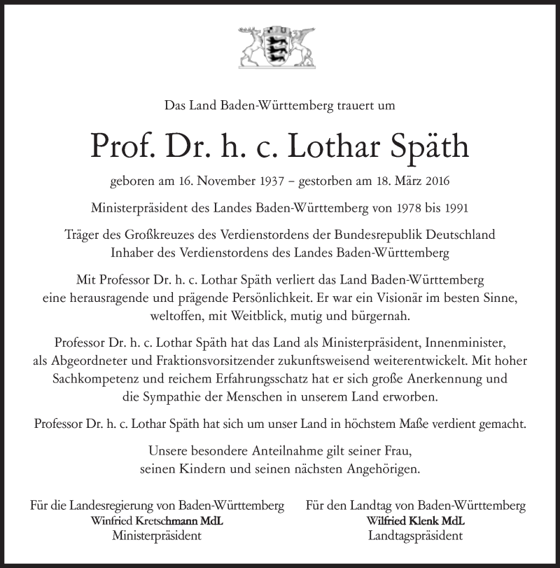  Traueranzeige für Lothar Späth vom 23.03.2016 aus Süddeutsche Zeitung