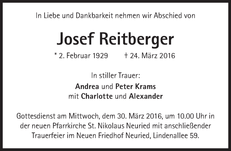  Traueranzeige für Josef Reitberger vom 26.03.2016 aus Süddeutsche Zeitung