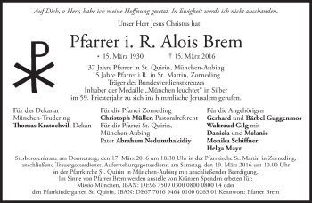 Traueranzeige von Alois Brem von Süddeutsche Zeitung