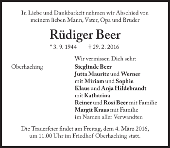 Traueranzeige von Rüdiger Beer von Süddeutsche Zeitung