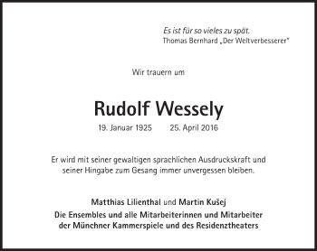 Traueranzeige von Rudolf Wessely von Süddeutsche Zeitung