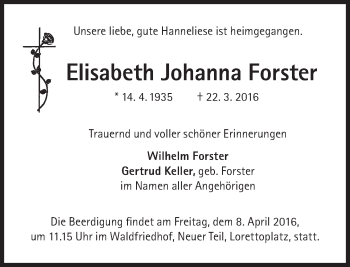 Traueranzeige von Elisabeth Johanna Forster von Süddeutsche Zeitung