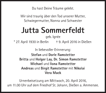Traueranzeige von Jutta Sommerfeldt von Süddeutsche Zeitung